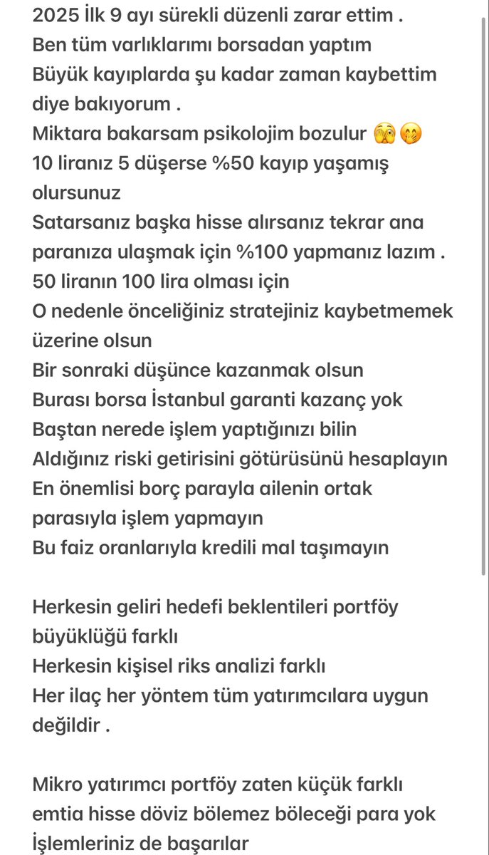 Borsa da yapacağınız hamlelerin olumlu veya olumsuz sonuçlarını siz yaşayacaksınız size akıl verenler değil

Borsada kaybedilen borsada kazanılır ancak aynı şeyleri yapıp farklı sonuç bekleyerek değil 

İşlemleriniz de başarılar dilerim

2026 kadar ayakta kalın 
#borsa #bist100