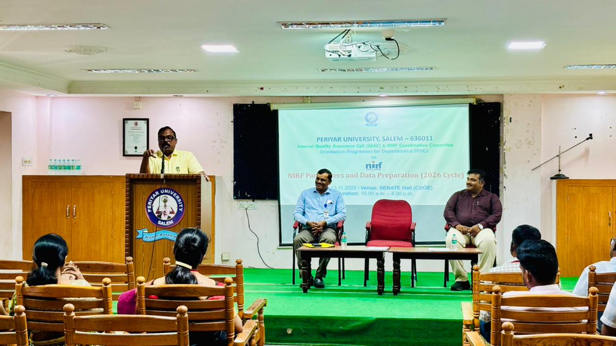 PeriyarVarsity's tweet image. 📊 NIRF 2026 Orientation Held Successfully!
Periyar University conducted an Orientation Programme for Departmental SPOCs on NIRF parameters and data preparation, featuring interactive sessions and focused discussions to strengthen departmental readiness. 🌟
#PeriyarUniversity