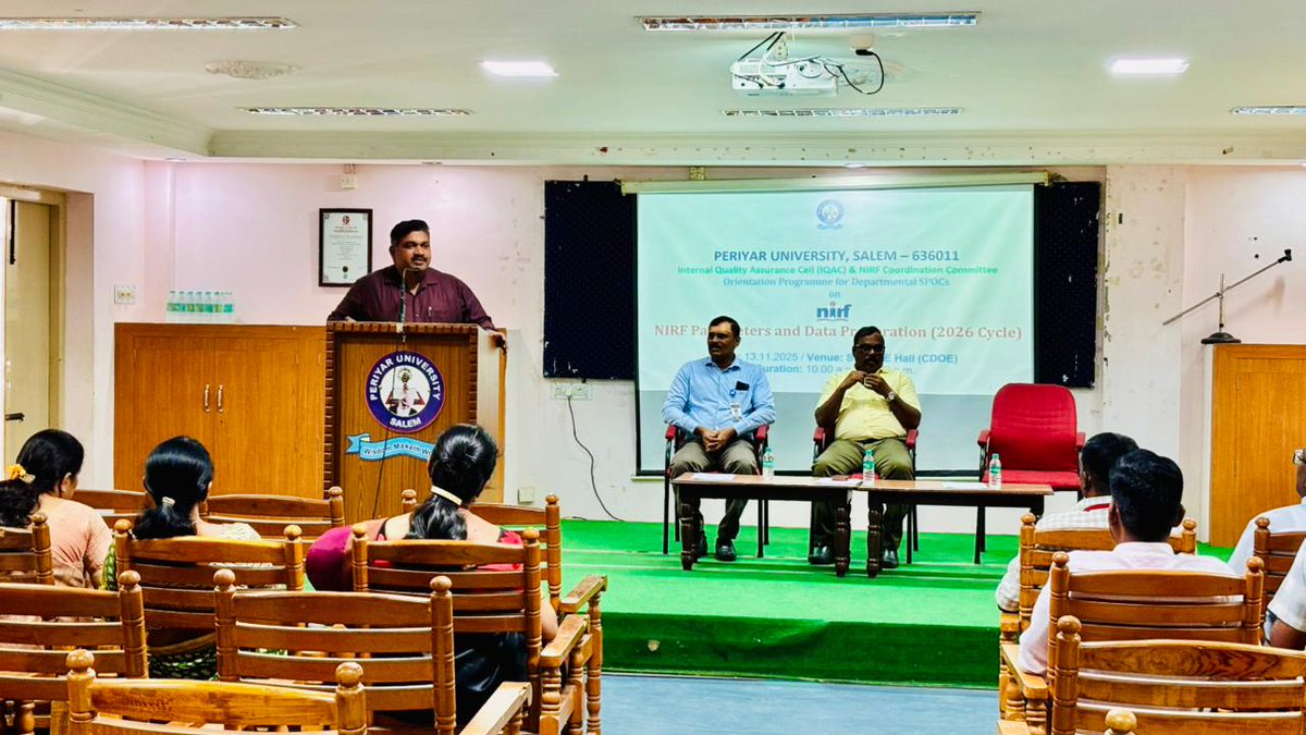 PeriyarVarsity's tweet image. 📊 NIRF 2026 Orientation Held Successfully!
Periyar University conducted an Orientation Programme for Departmental SPOCs on NIRF parameters and data preparation, featuring interactive sessions and focused discussions to strengthen departmental readiness. 🌟
#PeriyarUniversity