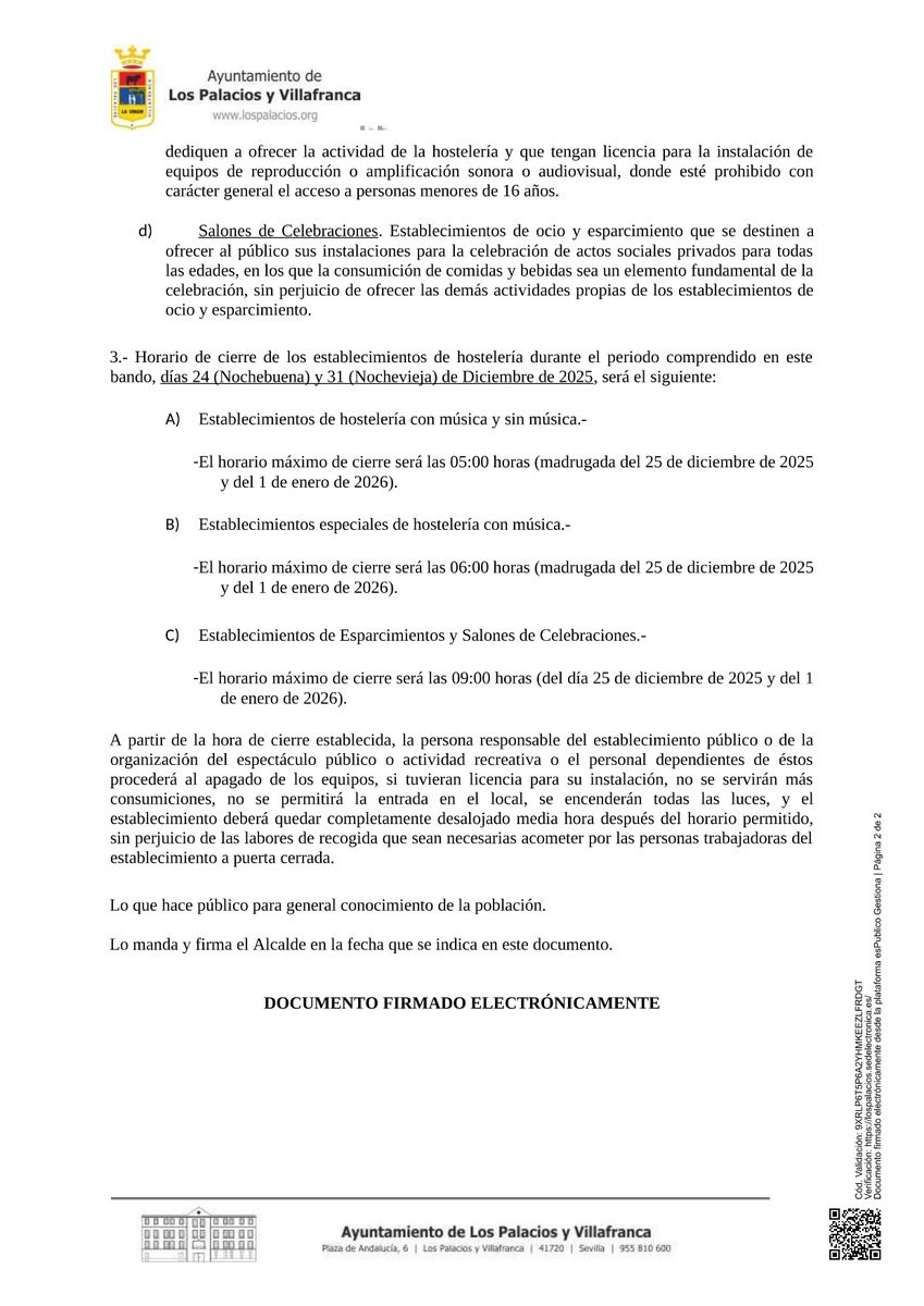 Bando de Ampliación de Horarios Generales de Cierre de Establecimientos para los días 24 y 31 de diciembre de 2025