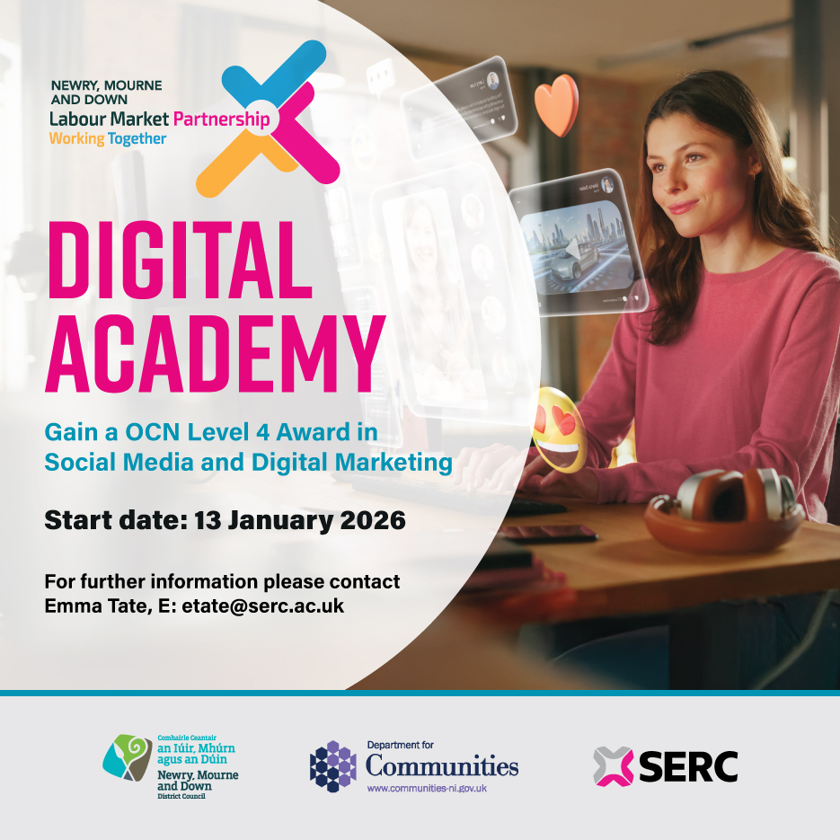 nmdcouncil's tweet image. NMD Labour Market Partnership and @S_ERC  are excited to announce a FREE training opportunity for those living or working in the Newry, Mourne and Down District Council area to gain a OCN Level 4 Award in Social Media and Digital Marketing.

This course is ideal if you wish to…