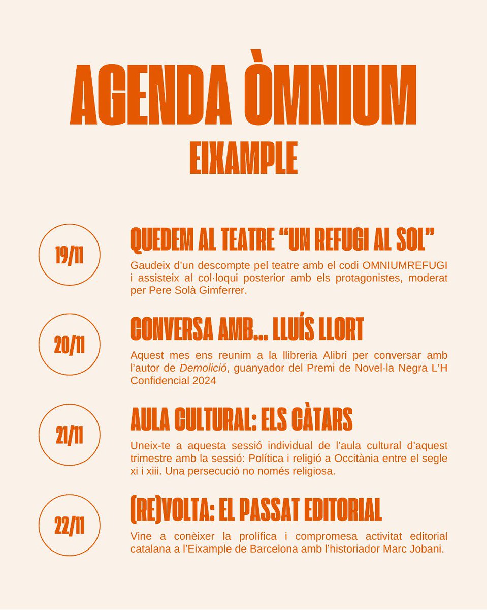 La setmana que ve arriba carregada de programació 🧡 consulta la nostra agenda web a 👉 omnium.cat/ca/seus/eixamp…