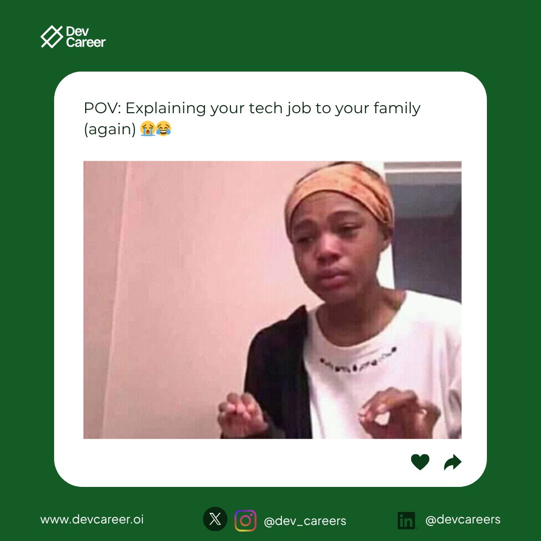 dev_careers's tweet image. POV: You’re trying to explain your tech job to your family (again)… and suddenly a 5-minute explanation turns into a 30-minute TED Talk they still don’t get 😭

#TechLife #RelatableTech #DevCareer #TechHumor