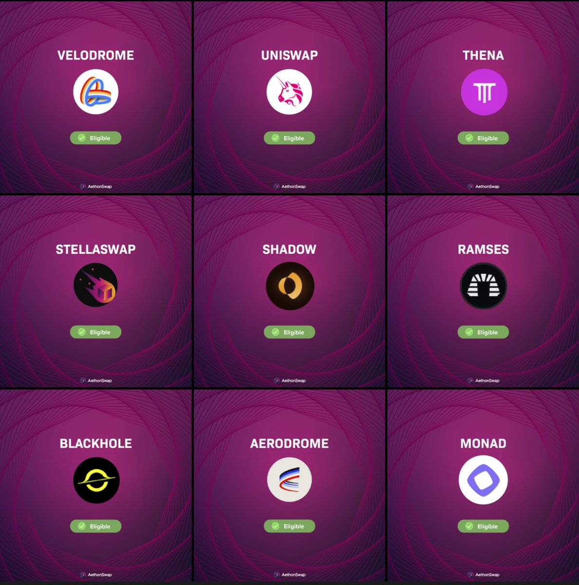 All protocols eligible for $AETHON airdrop! 💥

veToken holders:
⭐️ <a href="/StellaSwap/">StellaSwap ☄️- Top DEX on Polkadot</a> 
⭐️ <a href="/AerodromeFi/">Aerodrome</a> 
⭐️ <a href="/VelodromeFi/">Velodrome</a> 
⭐️ <a href="/BlackholeDex/">Blackhole</a> 
⭐️ <a href="/ShadowDexFi/">Shadow Exchange x(3,3) 💥</a> 
⭐️ <a href="/ThenaFi/">THENA</a> 
⭐️ <a href="/RamsesExchange/">RAMSES</a> 

Airdrop Recipient:
⭐️ <a href="/Uniswap/">Uniswap Labs 🦄</a> 

Testnet Users:
⭐️ AethonSwap on <a href="/monad/">Monad (mainnet arc)</a> 

♻️ RT and reply with
