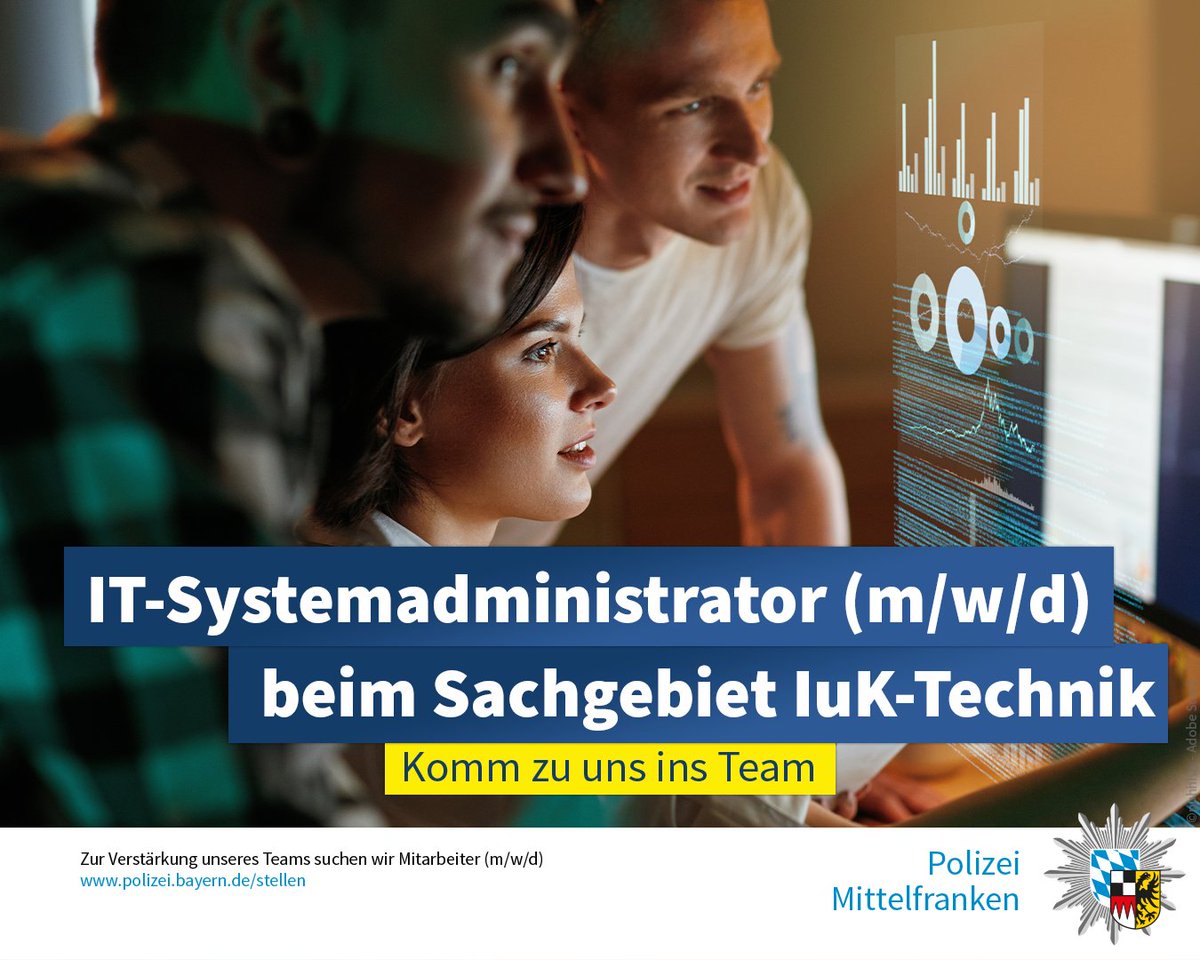 PolizeiMFR's tweet image. +++ #Stellenangebot +++

Für die Abteilung Versorgung – Sachgebiet V 3 (IuK-Technik) suchen wir einen IT-#Systemadministrator (m/w/d).

Verbeamtung vorgesehen | A 11 BayBesG | Dienstort #Nürnberg

Weitere Infos unter:
▶️ bevi.polizei.bayern.de/index.php?ac=j…