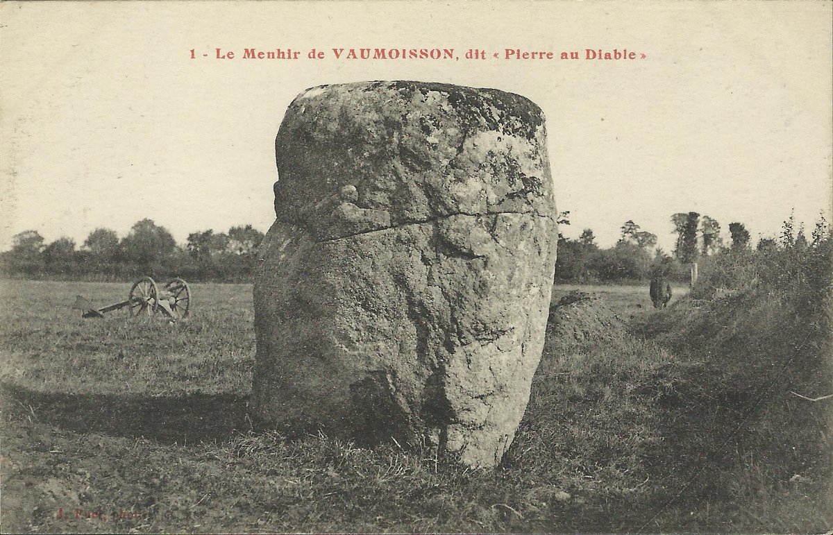 The cylindrical menhir of La Pierre au Diable in Jullouville (Manche) is 3m tall and 7m in circumference at the base. In one tradition the groove across the face is from the chain the Devil used to drag it there. Card by Puel c.1905.