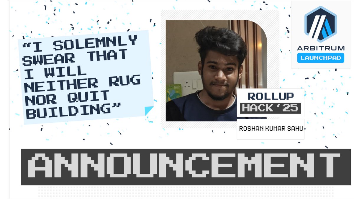 Roshan111104's tweet photo. Thrilled to be a part of RollUp Hack’25! 🚀
Can’t wait to build, ship, and innovate with amazing builders on 22nd Nov.
Let’s roll up our sleeves and make something impactful! 
#RollUpHack25
@SRobver @ThePrayasu @OdishaDao, @arbitrumdao_gov @arbitrum https://t.co/jVoXBrC78O