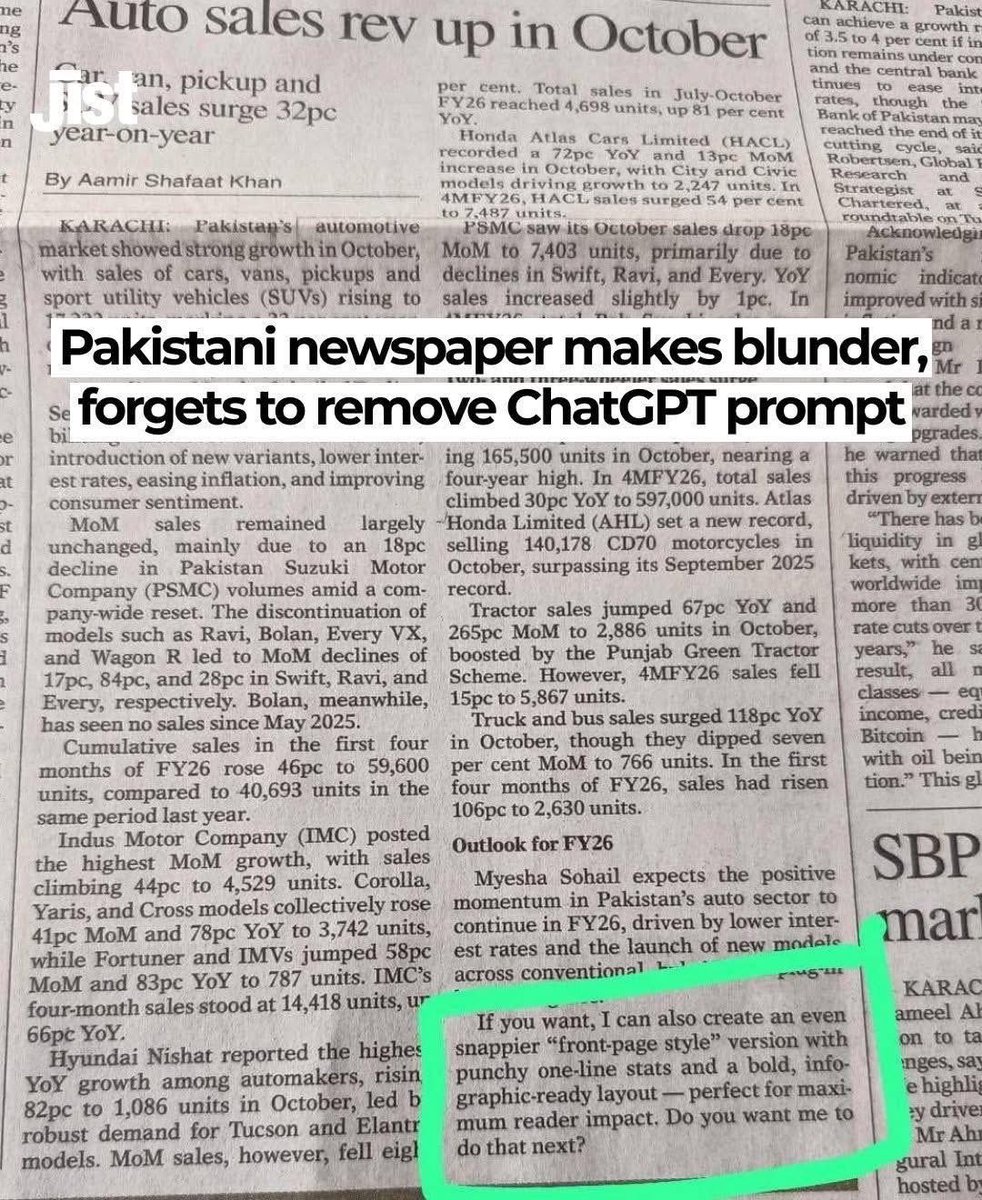 CTRLthnarrative's tweet image. Editor: “Remove the prompt before printing.”
Newspaper: “Print the prompt before removing.”
💀🤣
#ChatGPTFail #Journalism2025 #AIvsHumans #pakistan #blow