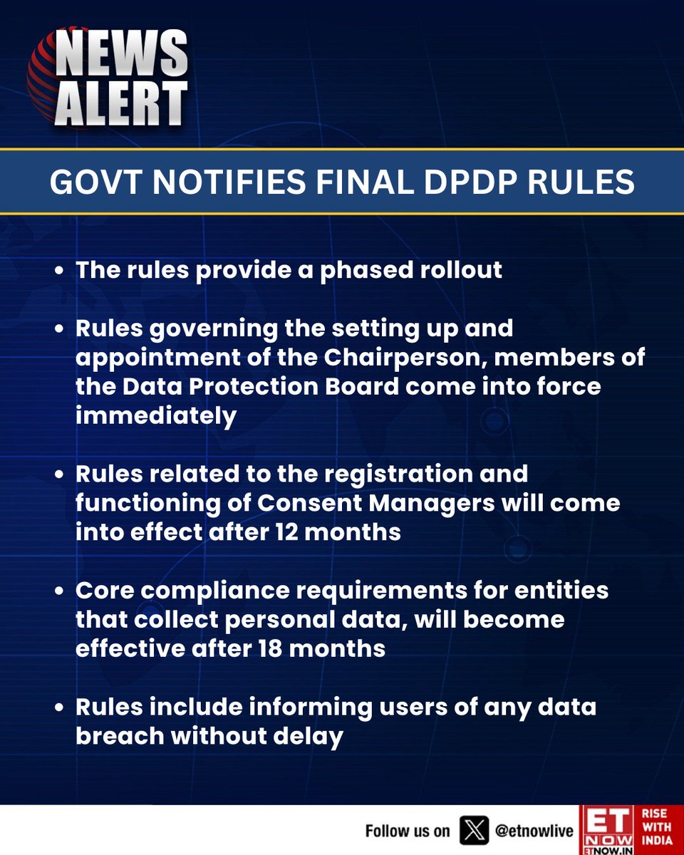 ETNOWlive's tweet image. #NewsAlert | Compliance clock starts ticking as govt unveils final DPDP rules with multi-stage implementation

#DPDP #PersonalData #DataProtection