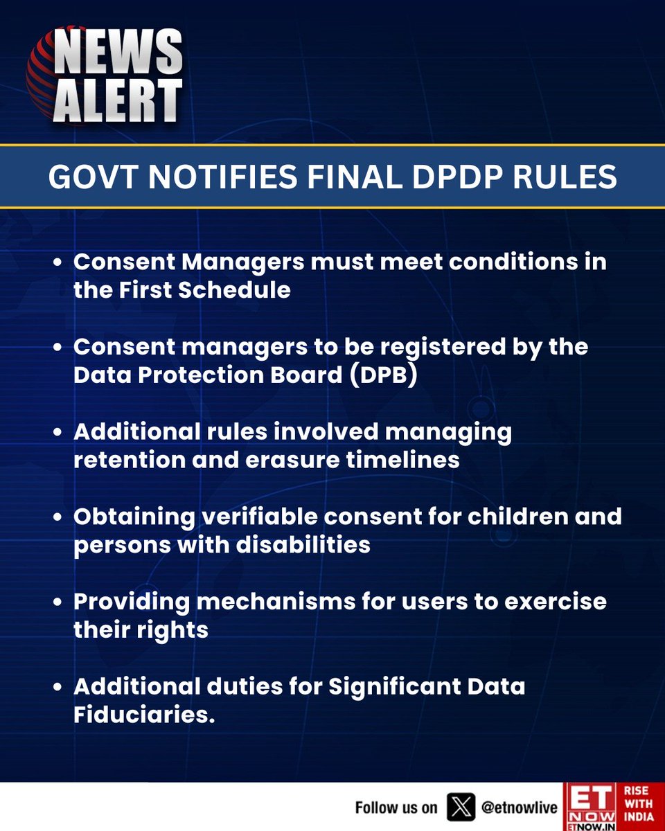 ETNOWlive's tweet image. #NewsAlert | Compliance clock starts ticking as govt unveils final DPDP rules with multi-stage implementation

#DPDP #PersonalData #DataProtection