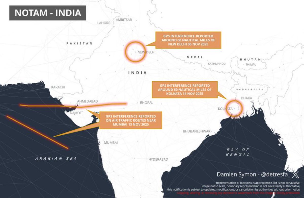 hindus47's tweet photo. 🚨 #BREAKING | GPS Emergency in Indian Skies 🇮🇳✈️

India has issued a Notice to Air Missions (NOTAM) after alarming reports of GPS interference and spoofing.

🔴 Affected spots: New Delhi region, Mumbai flight routes and now Kolkata area reportedly under threat.  

🛑 The aviation regulator has ordered real-time reporting of GPS anomalies within 10 minutes for any pilot or ATC unit.