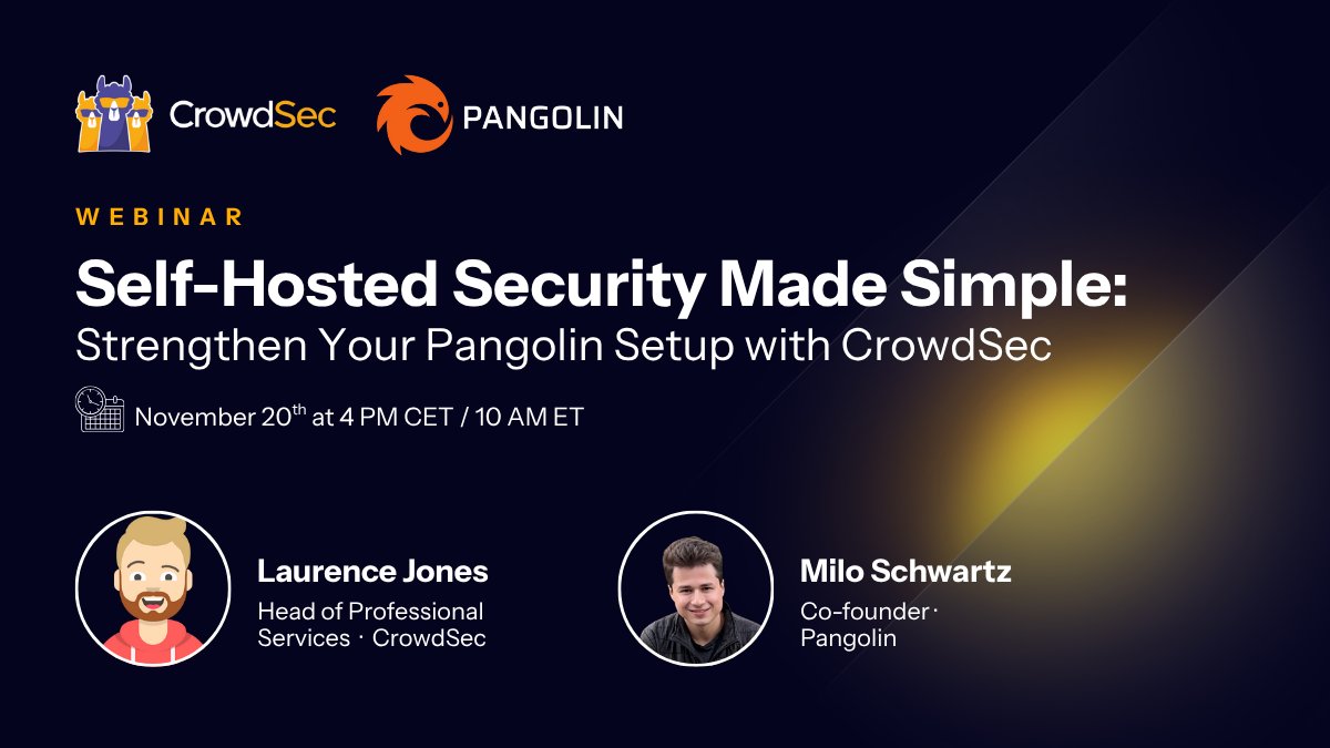 Crowd_Security's tweet image. ⏳ We’re 1 week away! 

Discover how to securely self-host your infrastructure by combining Pangolin’s control with CrowdSec’s real-time, community-powered threat intelligence. 

📅 Nov 20th – 4 PM CET / 10 AM ET  
🎥 Save your seat: app.livestorm.co/crowdsec/pango…

#cyberdefense…