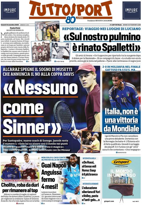 Front Page Tutto Sport, Friday 14 November 2025