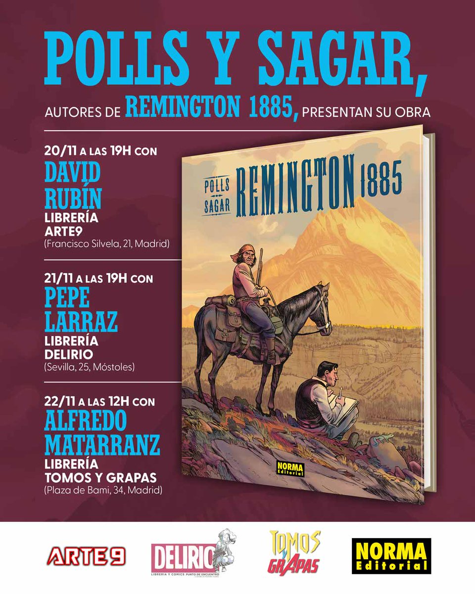 Yeeha!🤠Polls y Sagar, los autores de REMINGTON 1885, 🌵tienen gira por librerías madrileñas.

🔸El 20/11📅a las 19h⏰en <a href="/arte9_comics/">Arte 9 Comics y juegos</a> con <a href="/davidrubin/">davidrubin</a>

🔹El 21/11📅a las 19h⏰en <a href="/delirioenlaweb/">Delirio</a> con <a href="/PepeLarraz/">PepeLarraz</a>

🔸El 22/11📅a las 12h⏰en <a href="/TomosyGrapas/">Tomos y Grapas Cómics</a> con <a href="/hombreomaquina/">Alfredo Matarranz</a>

¡Boom!💥