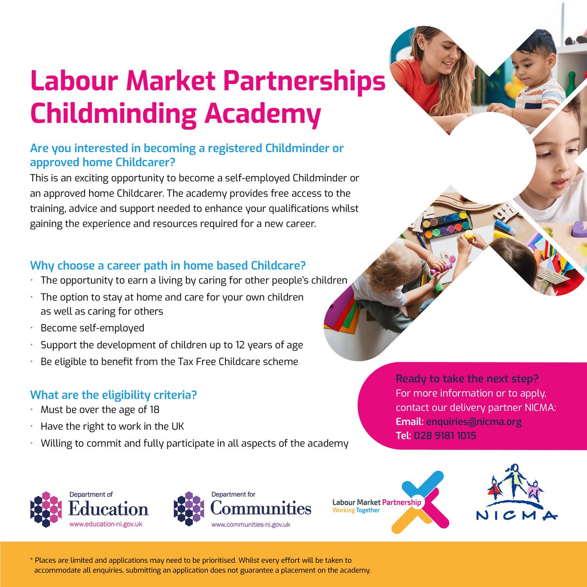nmdcouncil's tweet image. 🧸Register now for the new Childminding Academy delivered by NICMA - the Childminding Association.
Receive training, support and resources to become a registered childminder or approved home childcarer — with the flexibility to care for your own children and others too.…
