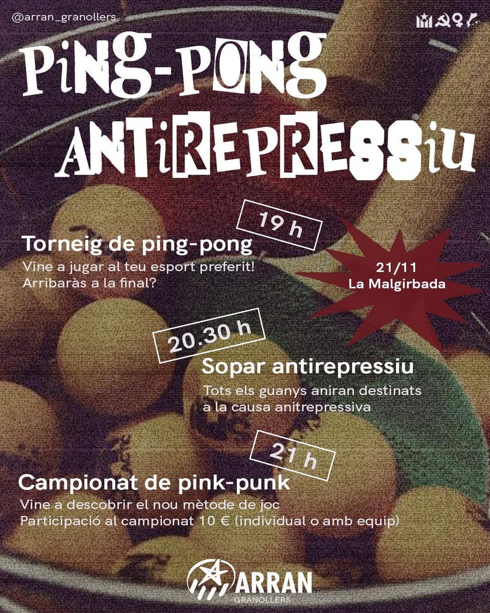 🏓PING-PONG ANTIREPRESSIU
Vine i participa al torneig de ping-pong! Ens trobem divendres 21/11 a les 19 h a <a href="/La_Malgirbada/">La Malgirbada</a> 
Una companya de l'assemblea s'enfronta a una multa per combatre el feixisme als carrers. Necessitem el teu suport!
🔥El jovent de Granollers seguem arran!