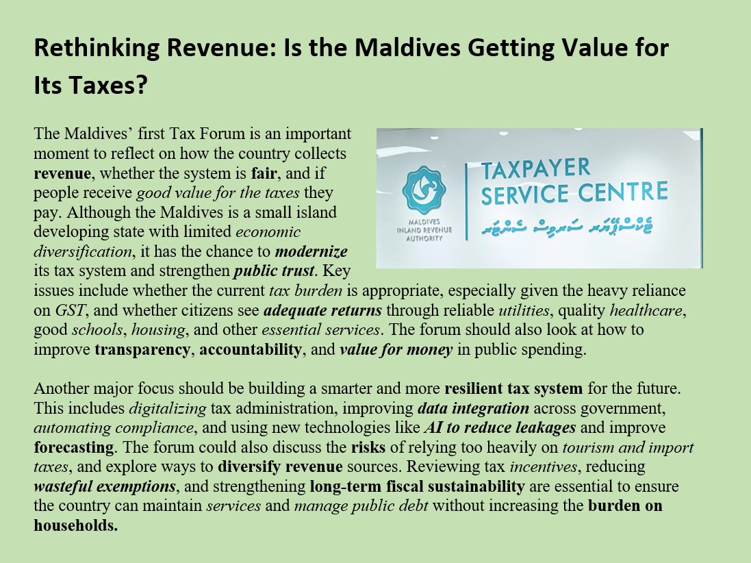 _mohamedimad's tweet image. The first #Maldives Tax Forum is a chance to reassess whether the #tax system is #fair, modern, and delivering the #quality of #public services people deserve. #FiscalReform #PublicServices #TaxForValue #DigitalTaxation #PublicTrust #wb #imf #adb @TransparencyMV 

#VisitMaldives
