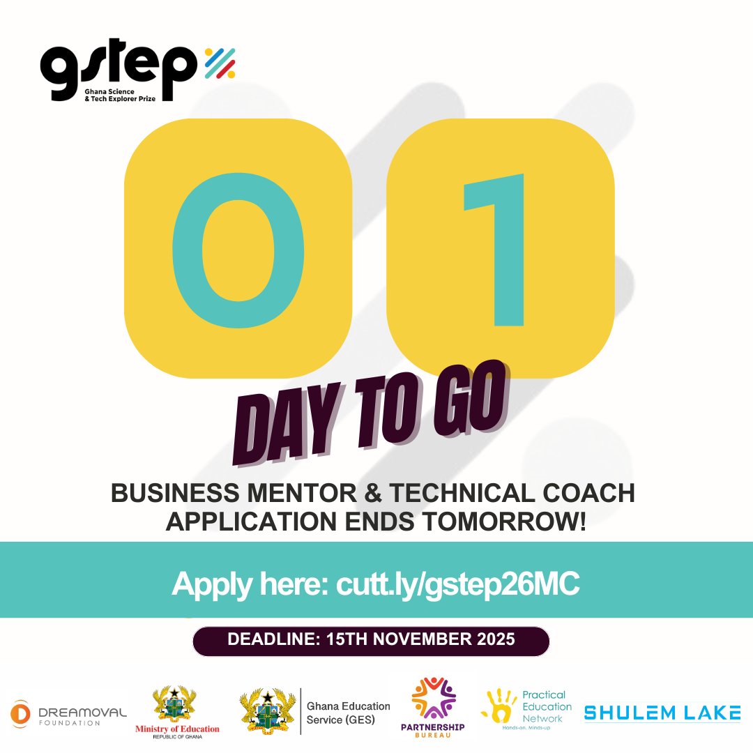 ⏰Last chance to apply! 
Applications for 2026 GSTEP Technical Coaches &amp; Business Mentors close tomorrow. 
Ready to make an impact?
Apply here:  cutt.ly/gstep26MC
#GSTEP2026 #GSTEP #YouthEntrepreneurship #STEMEducation #Mentorship #Coaching #Innovation #GSTEPChallenge