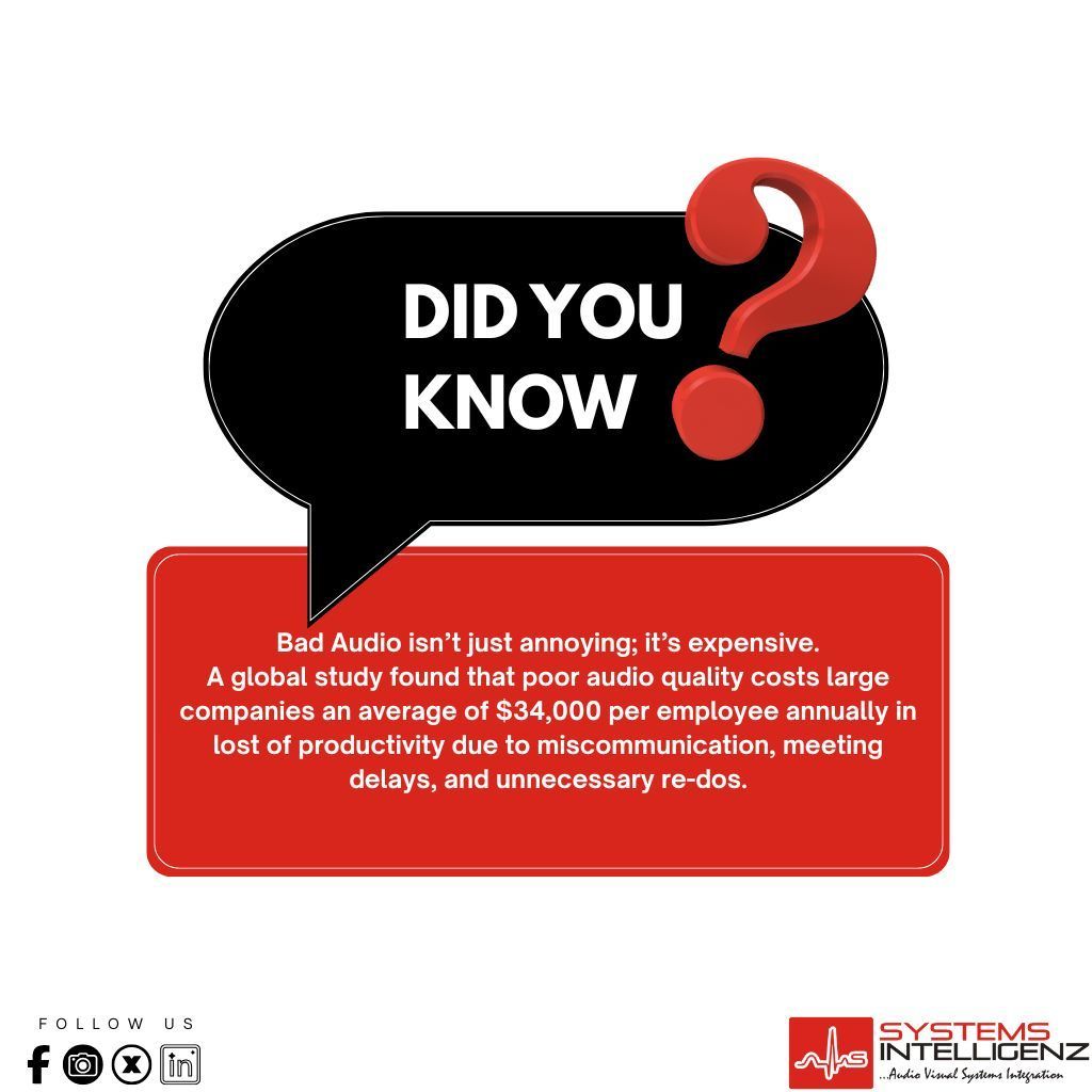 SysIntelligenz's tweet image. The real cost of a bad meeting is shocking! 

Don&apos;t let poor technology drain your budget. Contact Systems Intelligenz today to secure your team&apos;s productivity and stop paying the &quot;bad audio tax.&quot; 

#AVFactFriday #SystemsIntelligenz #ProductivityLoss #AudioVisual