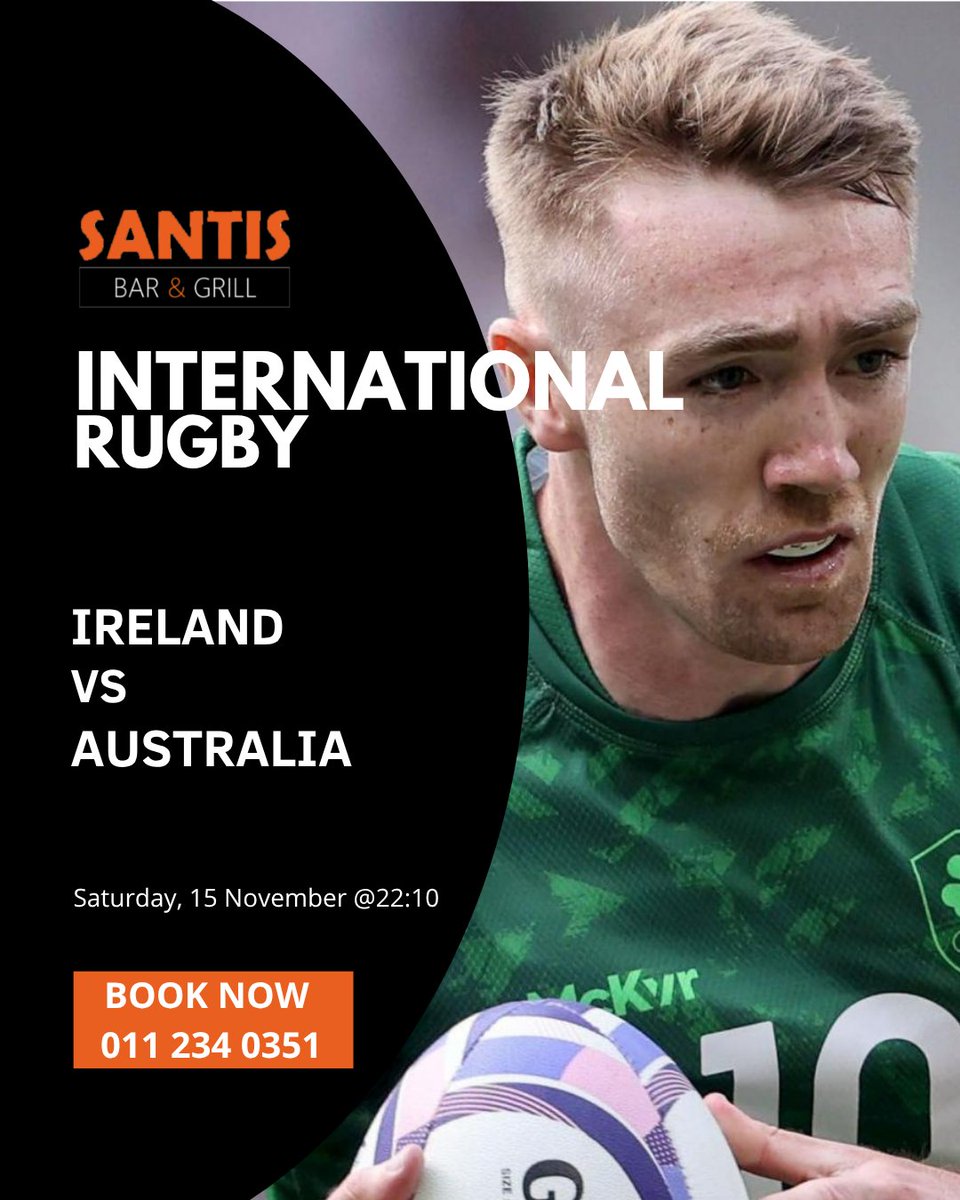 SantisBarGrill's tweet image. 🏉☘️Ireland vs Australia🇦🇺

Saturday 15 Nov @ 22:10 — Late-night clash in Dublin!🇮🇪 Watch Ireland face the Wallabies live at Santis 📺 — burgers🍔, beers 🍺, and rugby vibes all night!

📍Bookings essential – call 📞 011 234 0351

#SantisBarAndGrill #webchanges #santiswebchanges