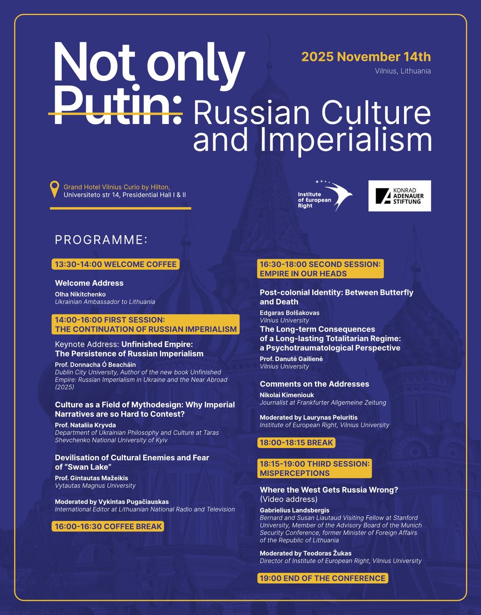 DonnachaDCU's tweet photo. In Vilnius to give a keynote address at the “Not Only Putin: Russian Culture and Imperialism" conference.

A reminder that the imperial mindset long predates and outlasts any one leader.

Imperialism isn’t a glitch in the system - it is the system. https://t.co/f7pFPC8m1B