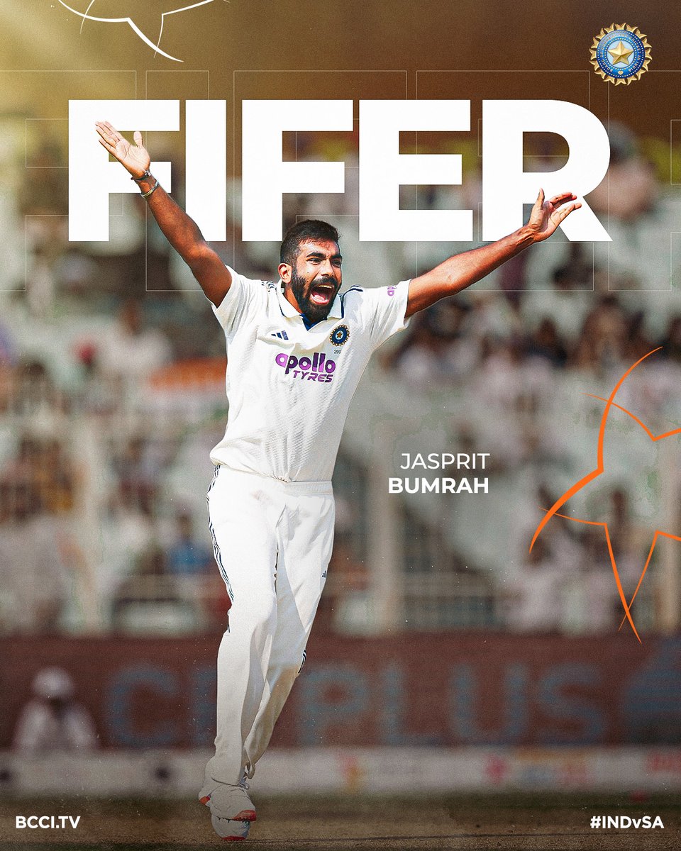 BCCI's tweet photo. 𝙁𝙄𝙁𝙀𝙍  🖐️

A Jasprit Bumrah special in Kolkata 🔥

His 1⃣6⃣th five-wicket haul in Tests 🫡

Scorecard ▶️ https://t.co/okTBo3qxVH

#INDvSA | @IDFCFIRSTBank | @Jaspritbumrah93 https://t.co/XKOFIWpUvV