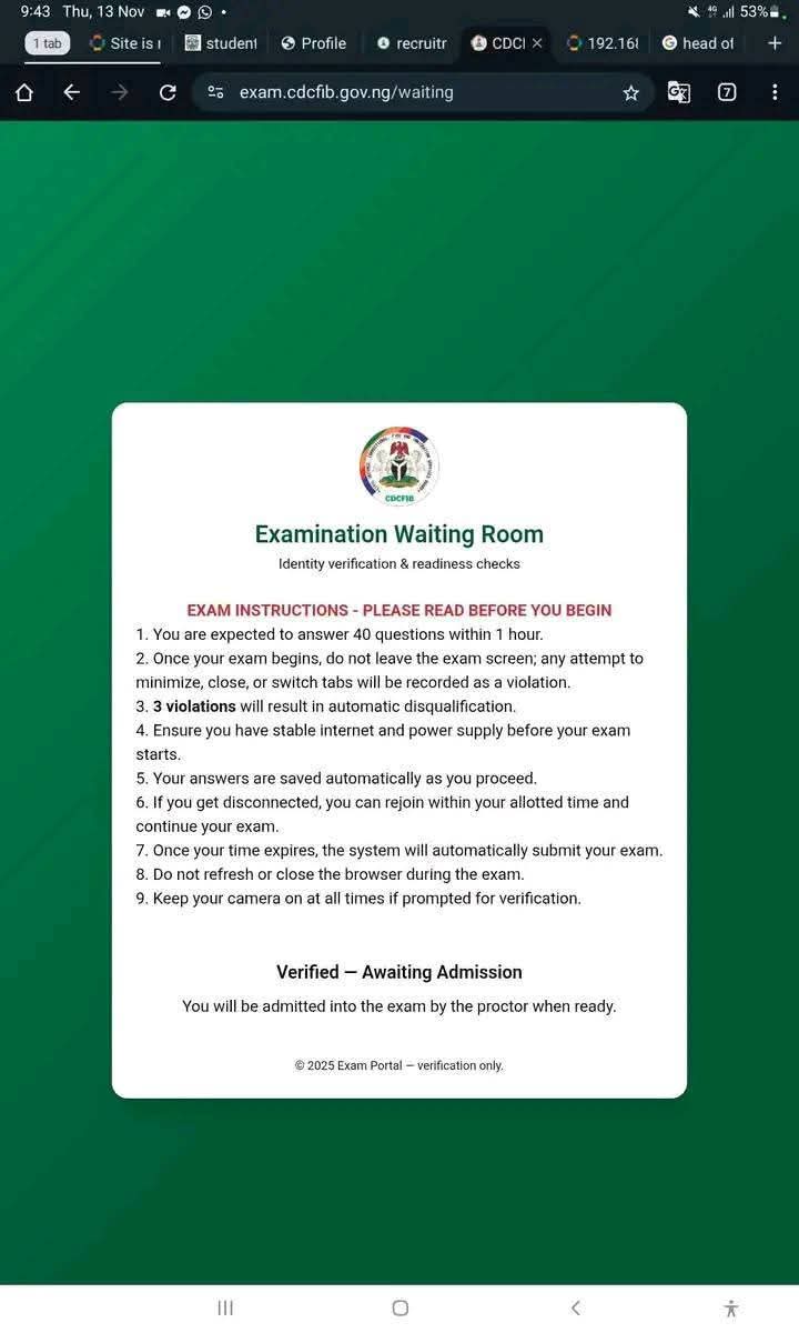bkaykabeer's tweet image. CDCFIB Exam Questions – 13/11/2025
Here are some of the questions that came out in today’s exam —  
If you’re yet to write, take note and practice

Real questions from 13th November 2025 CDCFIB CBT exam.

Drop in the comments if you want another previous Question. 

Best of luck.