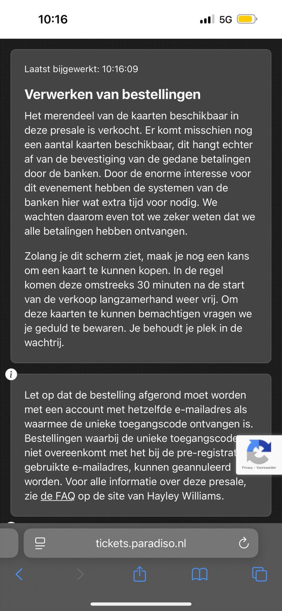 isaisprettyodd's tweet photo. did anyone else have this problem when trying for hayley williams tickets for amsterdam? i couldn’t exit out of this screen and the queue wasn’t even loading. Never stood a chance 😔😔😔 https://t.co/vIngyTq4Lc