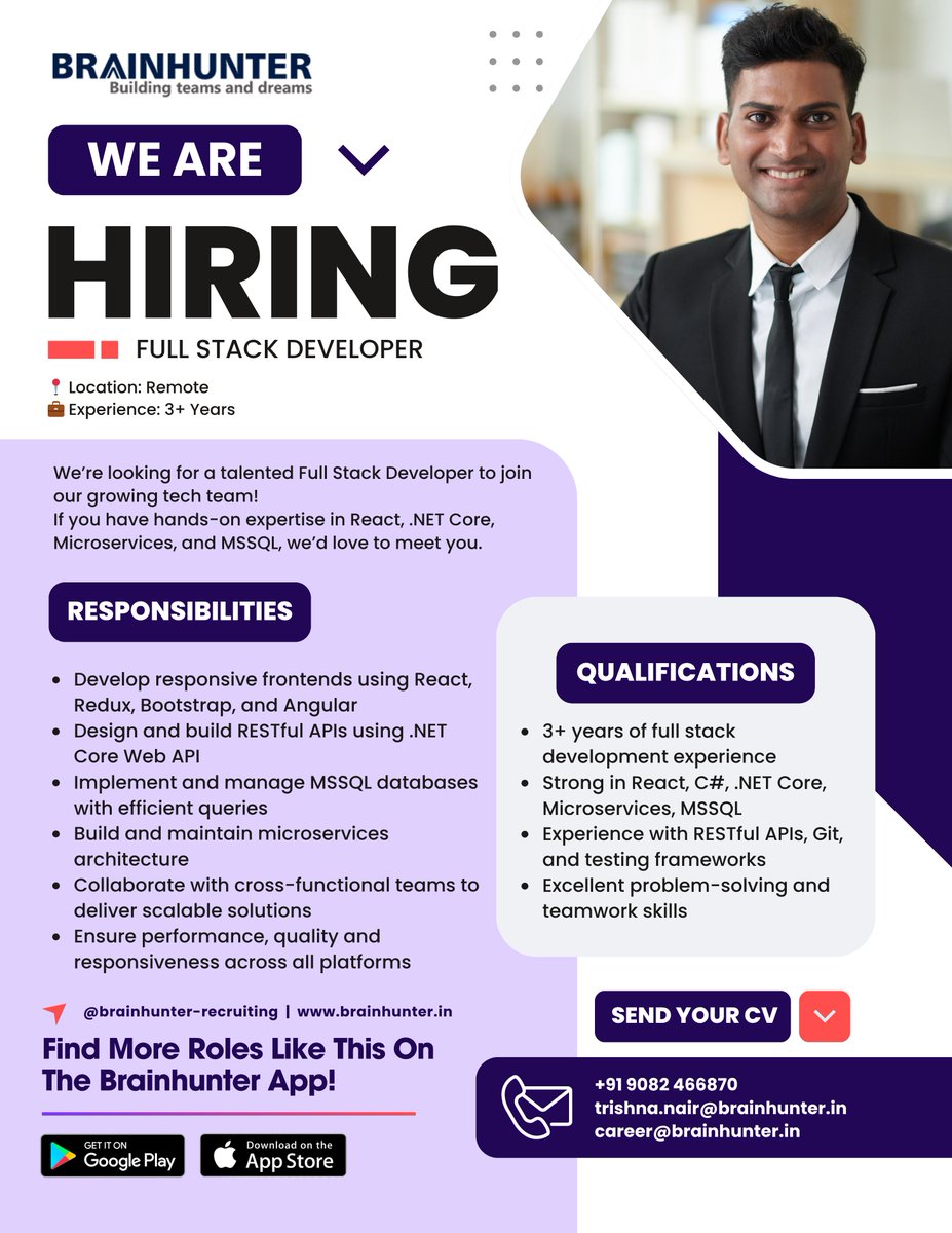 Brainhunter_in's tweet image. 🚀 We’re Hiring a Full Stack Developer!
If React, .NET Core, Microservices &amp;amp; MSSQL are your playground — your next big opportunity is here.
Work remote. Build smarter. Grow faster.
 Apply now!
#Hiring #FullStackDeveloper #TechJobs #ReactJS #DotNet #Microservices #MSSQL #RemoteJob