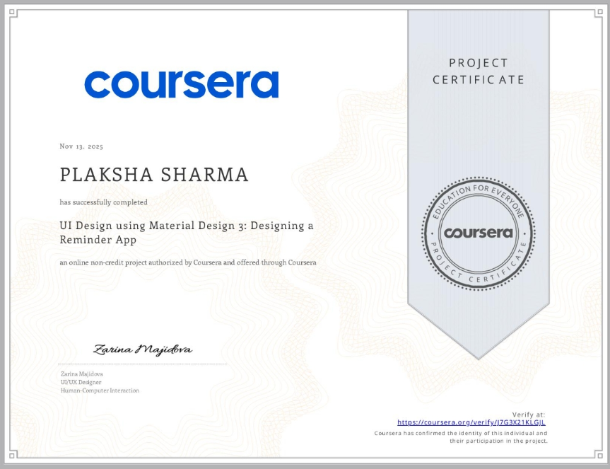 Plaksha_'s tweet photo. Day 17 of my 70-Day Design Challenge 🔔✨
Completed the UI Design using Material Design 3: Reminder App guided project on Coursera!
Loved working with MD3 components and structure.
#Day17 #UIDesign #MaterialDesign3 #Coursera https://t.co/KOPxqI4luR