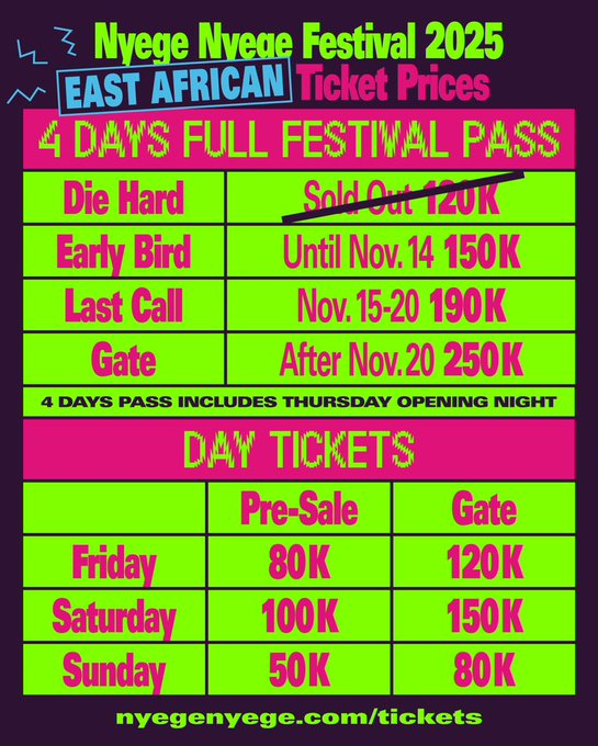 Kera_legendary's tweet photo. Last call for early bird tickets. 
Over closes today 14th Nov https://t.co/r8haLTsjnT
#nyegenyegefestival https://t.co/CTjsU14Pp2