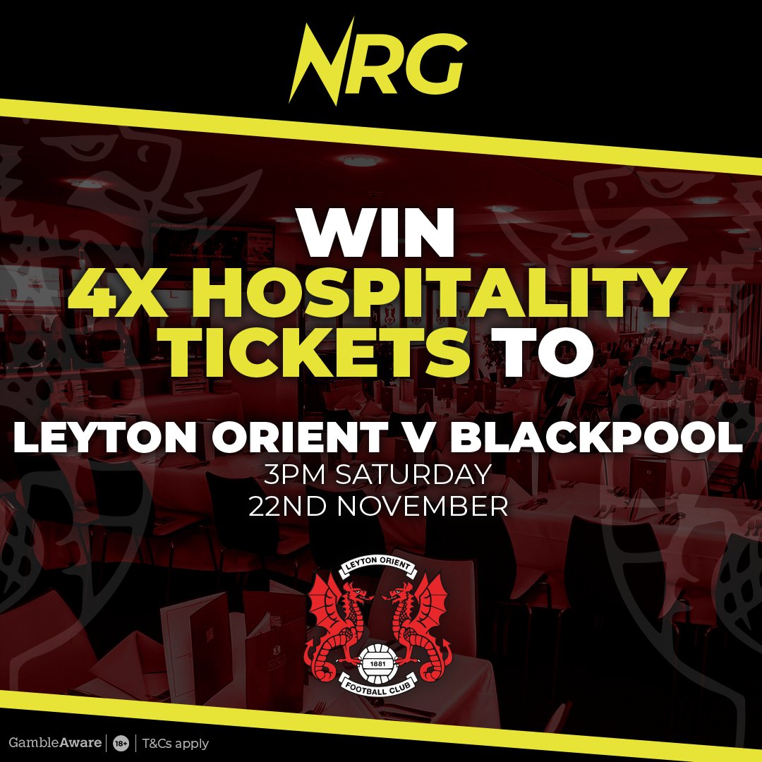 We're giving away FOUR hospitality tickets to <a href="/leytonorientfc/">Leyton Orient FC</a> vs Blackpool...

Enter by:
- Following <a href="/nrg_bet/">NRG.BET</a>
- RT this post

Good luck! 🤞

18+ | GambleAware