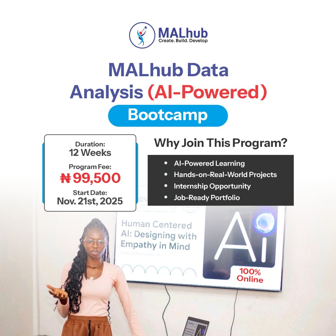 malhubng's tweet image. Registration for our Data Analysis Virtual training is still ongoing ✅ 

Don&apos;t miss this opportunity to gain in-demand data skills, &amp;amp; position yourself for exciting career opportunities in tech

Register Now: malhub.org/data-analysis-…