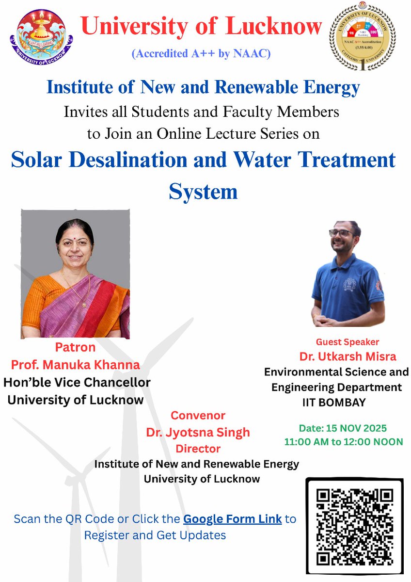 Renewable_E_LU's tweet photo. We invite all students and faculty to attend an online lecture on Solar Desalination and Water Treatment Systems on 15 Nov 2025, 11 AM.
Kindly register using the Google Form link.
We look forward to your active participation!
Registration link:
https://t.co/ocw4gpXUU2 https://t.co/rD8MsTCoEw