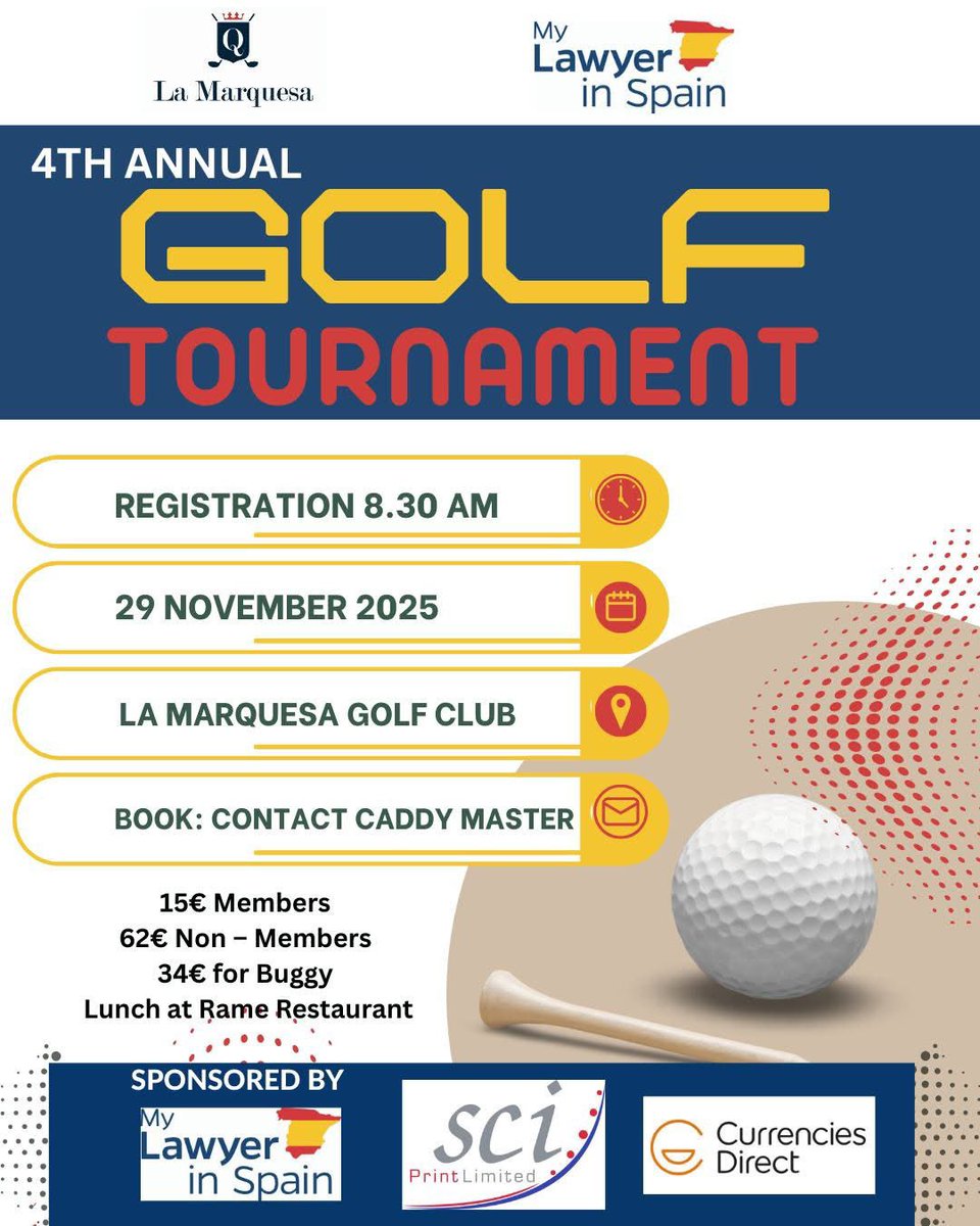 golflamarquesa's tweet photo. 🏆 4th Annual Golf Tournament – La Marquesa Golf
📅 29 de noviembre de 2025
⏰ Registro desde las 8:30 h
¡Vuelve uno de los torneos más esperados del año! Un día perfecto para disfrutar del golf, buen ambiente y amigos en La Marquesa Golf.
👉 Inscripciones a través en La Marquesa https://t.co/Ktj13pfAFE