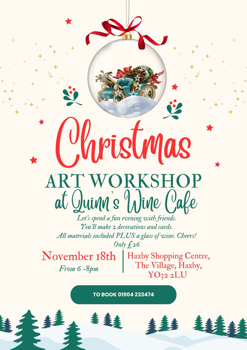 sueclaytonart's tweet image. Quinn&apos;s Wine Cafe Tues 18th Nov 6-8pm. Christmas Art Workshop making watercolour cards and decorations. Only £26 including glass of wine.
A fun, relaxed session for a fun night out with friends.
#haxby #nightoutwithfriends #learntopaint #york #festive #watercolour #wigginton #art