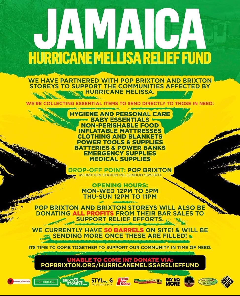 S_Fleary1's tweet image. NEW: If you are looking for somewhere to drop off donations to Jamaica, Dancehall artist Stylo G and Record producer Blacker Dread are collecting items to be shipped.🙏🏾🇯🇲❤️

The community response in Brixton has already been amazing. 👏🏾👏🏾

If you can help, see below. 👇🏾