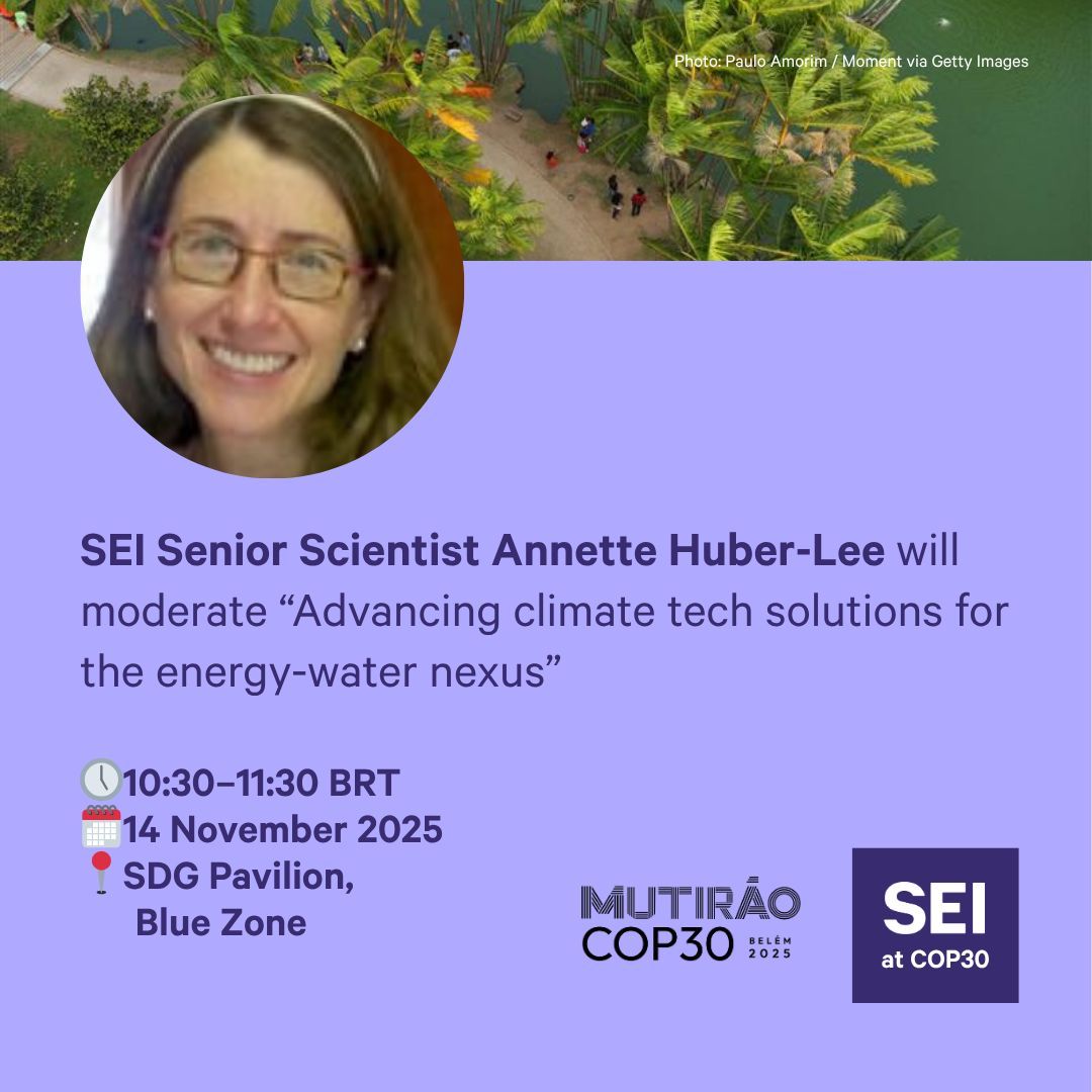 SEIresearch's tweet image. #SEIatCOP30 | Today, join SEI&apos;s Annette Huber-Lee at the @SustDev side event, &quot;Advancing climate tech solutions for the energy-water nexus&quot;.

The event will highlight innovate approaches to climate #mitigation and #adaptation.

🎥 Live stream here:

buff.ly/uWS5dR5