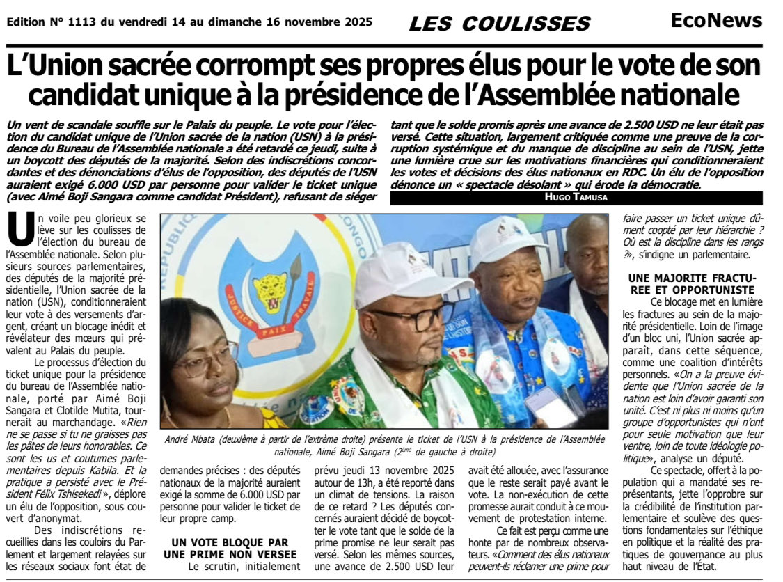 #RDC🇨🇩: L’Union sacrée corrompt ses propres élus pour le vote de son candidat unique à l’assemblée nationale (ECONEWS)