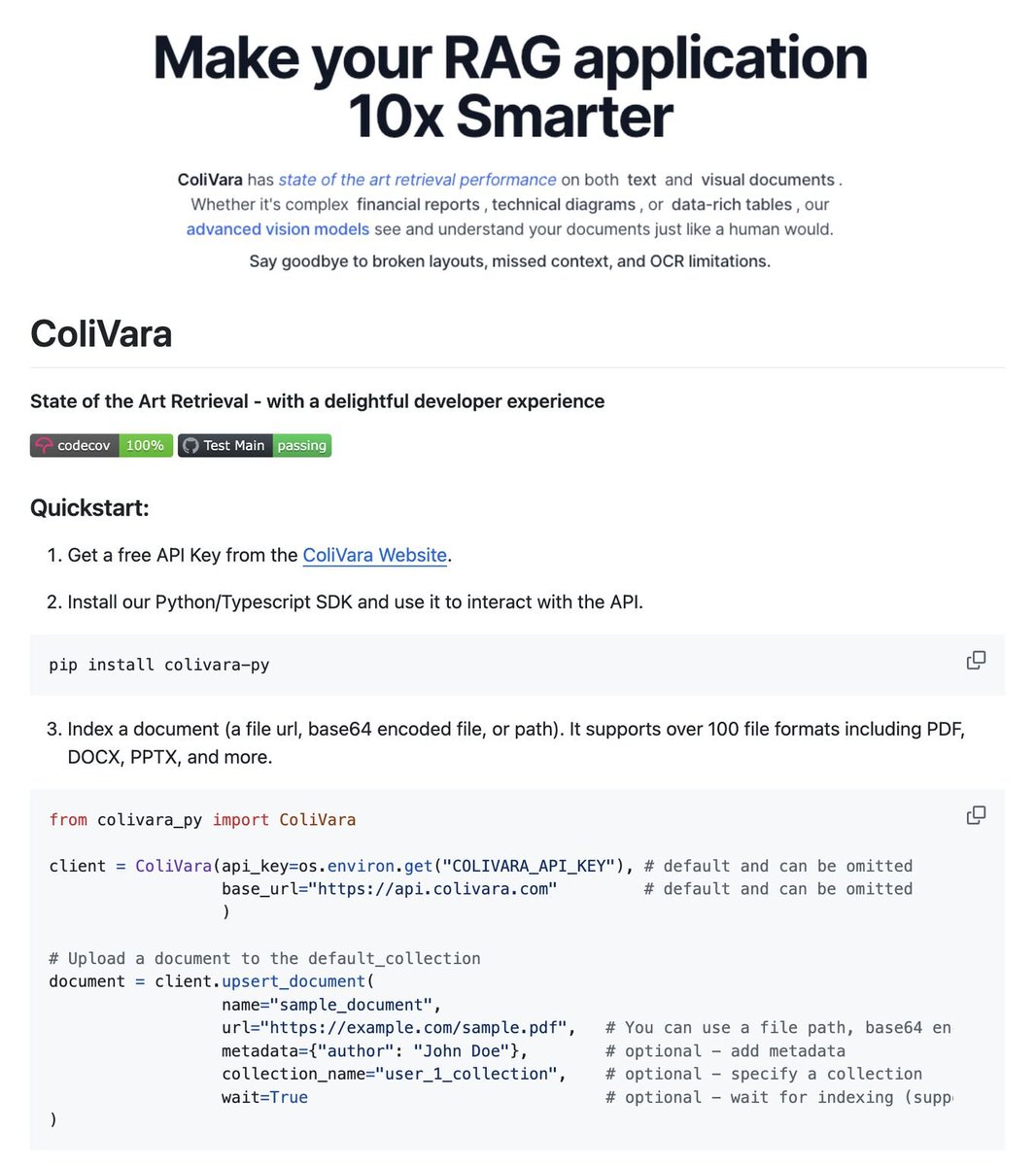 DailyDoseOfDS_'s tweet image. You can make RAG apps 10x smarter with this SOTA method!

ColiVara is a retrieval method that does not involve chunking. Instead, it treats docs as images and uses vision models for embedding, just like a human would do.

Far better accuracy than traditional RAG systems.