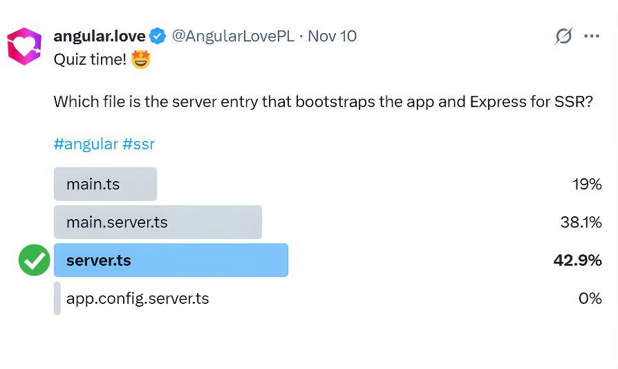 AngularLovePL's tweet image. Remember our quick dev knowledge quiz from Monday? 🤔 Here’s the answer!

Which file is the server entry that bootstraps the app and Express for SSR?

👉 C) server.ts

➡️ server.ts is the main server entry point that bootstraps Angular apps on the server side and sets up the…