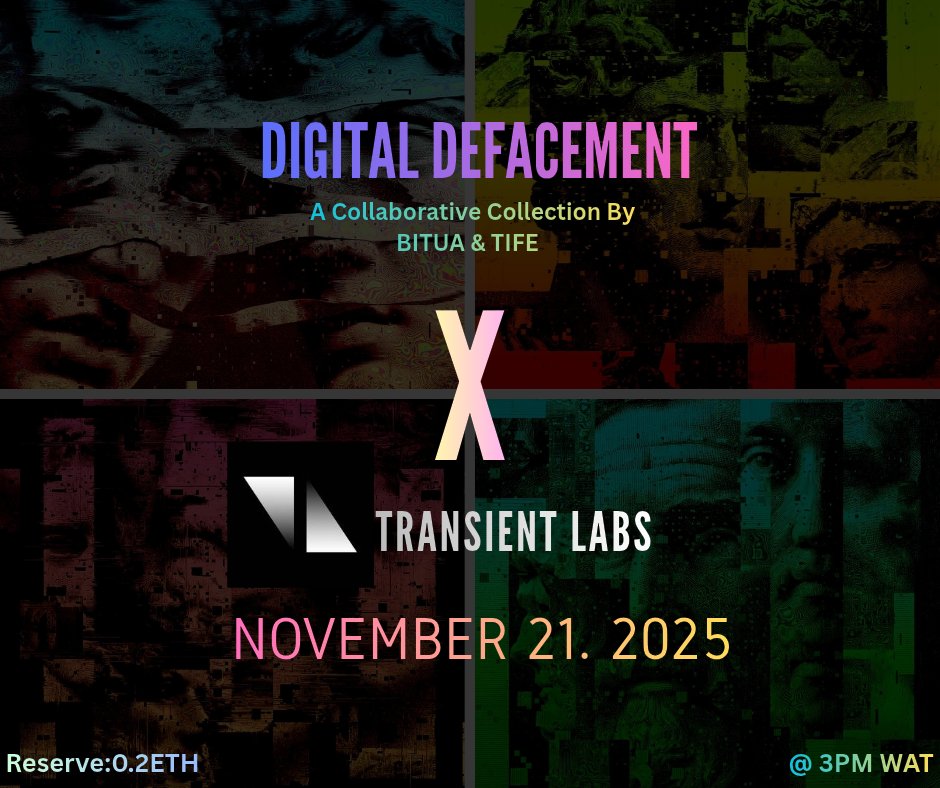 bitua388_bitua's tweet image. GM 🙂‍↔️ 🩷💙💚💛💜 

‘DIGITAL DEFACEDMENT’

My First Ever Collaborative Collection 🔥
Created by Myself &amp;amp; @Segunadewalee_

- 0.2ETH Reserve
- November 21th @ 3pm( WAT)
- on @TransientLabs 🔥

More 👇