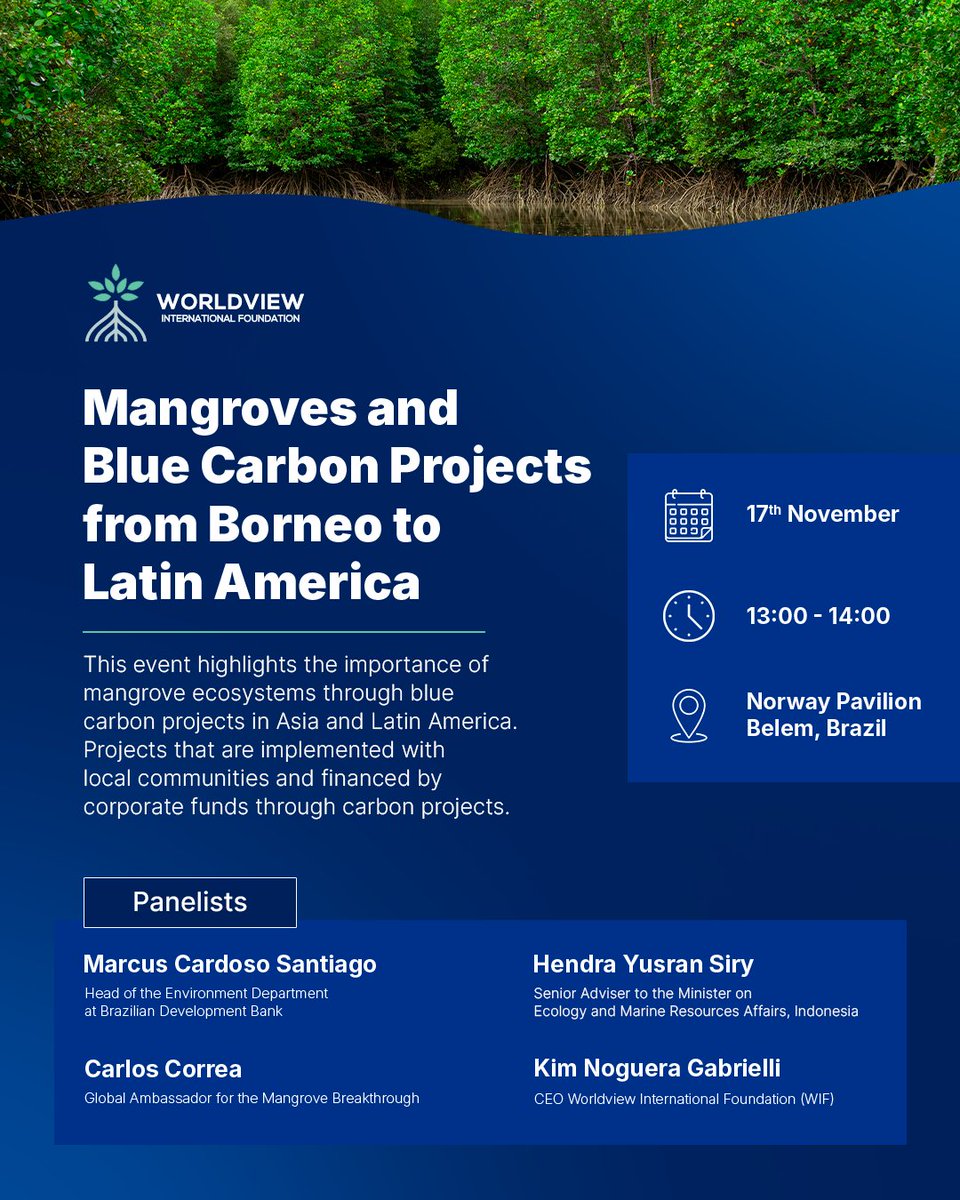 We are pleased to take part in the event at the Norway Pavilion in #Belém on Mangroves and Blue Carbon Projects from Borneo to Latin America.

The dialogue will explore how mangrove restoration can be scaled across regions when science, local communities and climate finance work