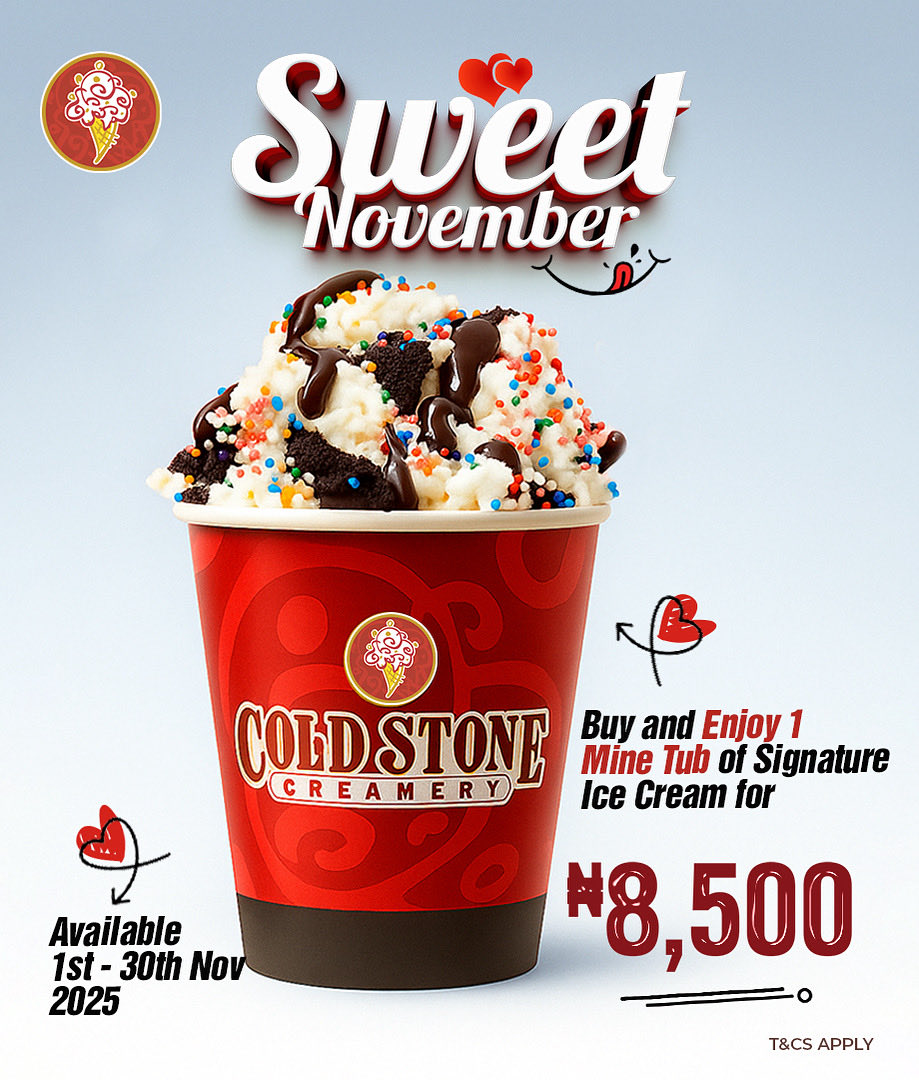 coldstoneng's tweet image. TGIF! 🍦✨

Sweeten your weekend with our Signature Mine Tub for just N8,500. 😍🍨

Tag your ice cream buddy or someone who owes you a treat!

Order in-store or online at coldstonecreamery.ng or call 0700 700 9999

#TGIFVibes #SweetWeekend #IceCreamLovers #TreatYourself…