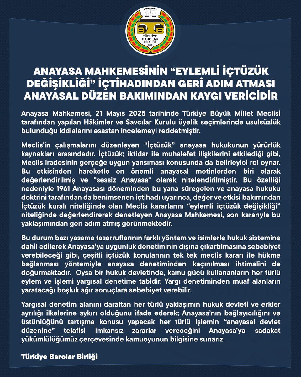Yargısal denetim alanını daraltan her türlü yaklaşım hukuk devleti ve erkler ayrılığı ilkelerine aykırı olup, Anayasa’nın bağlayıcılığının ve üstünlüğünün tartışma konusu yapılması “anayasal devlet düzenine” telafisi imkansız zararlar verir.