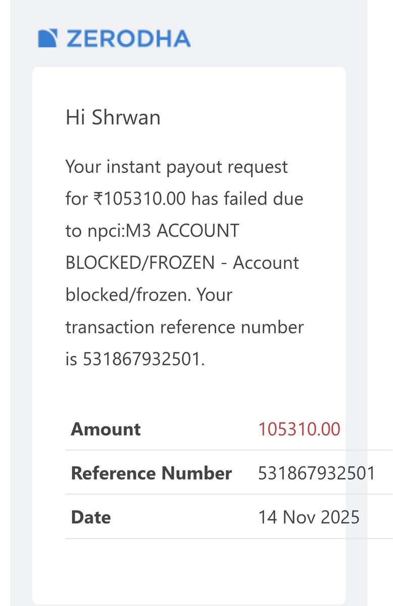 shrwanpatel's tweet photo. @zerodha  try for withdrawal from last couple of days but shows this..  my bank are working fine.. ticket alredy rise #20251114789611 but not solve yet. and due to this miss Today ipo 😔 https://t.co/d0k2asmUPU