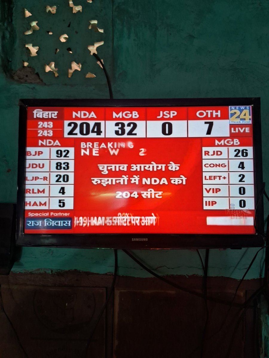 BJP 92
LJP 20
RLM 4
HAM 4
__________
  Total =  121

JDU के बिना भी BJP बिहार. मे सरकार बना रहा है
JDU  83