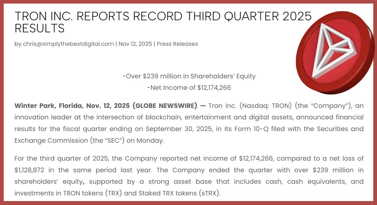 0xMayyy's tweet photo. TRON Inc 收益突破 2.39亿 ：TRON 的盈利模型正在被验证 ！

TRON Inc 最新递交的 Q3 财报显示
今年第三季度净利润达 1217 万美元
而去年同期仍为 净亏损 112 万美元
截至目前公司股东权益已突破 2.39 亿美元
创下成立以来的历史新高

这份成绩其实都在意料之中
TRON 的盈利来源清晰 ：
除了一部分现金与现金等价物
还有一些收益都来自生态内部的真实造血 
USDD 稳健的回报及 sTRX 的质押收益

这些资产构成了个封闭又高效的利润系统 ：
稳定币结算带来流量，DeFi 协议生成收益
sTRX 机制则让收益重新沉淀为资产

所以 TRON 的利润并非凭空而来
USDD 的年化收益率稳定在约 6%
sTRX 的质押年化回报维持在 4%–8% 区间
这些持续现金流让生态在行情波动中依然稳健
这种结构性收益不是短期行情 而是长期稳产

能让收益自己滚动的结构
才称得上是成熟的生态
而 TRON 他好像真的做到了

@justinsuntron #TRONEcoStar