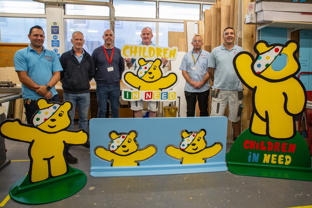 Our brilliant Estates team &amp; colleagues have made these wooden Pudsey-shaped signs to mark #BBCChildrenInNeed &amp; are proudly on display at the Hospital entrance.

Come and join us today (14 Nov) for games, a cake sale, &amp; support a great cause while celebrating creativity &amp; care!💛