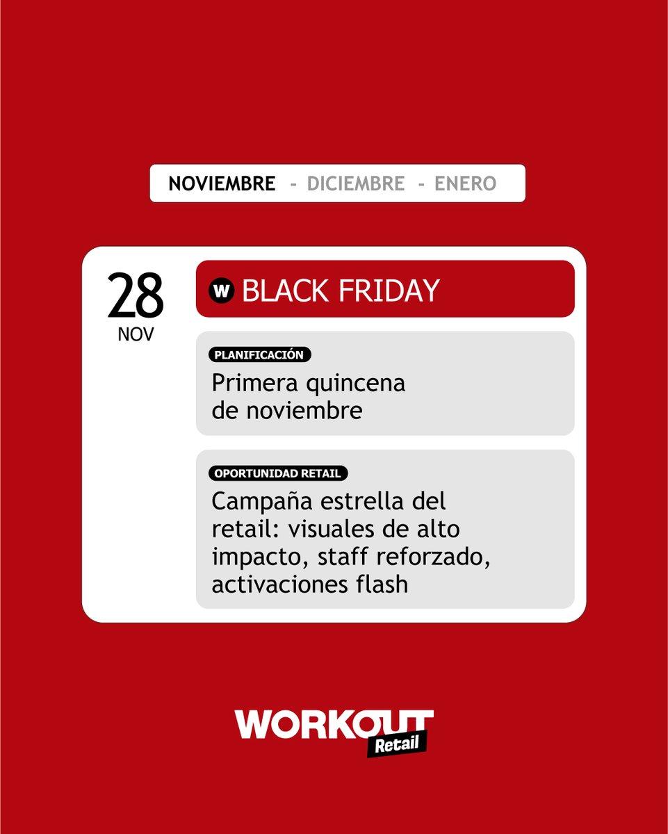 WorkoutRetail's tweet image. 🎄 Black Friday, Navidad, Reyes, Rebajas… Llega la época clave del retail.
Guarda este calendario y planifica cuándo activar tus acciones. 🛠️ En Workout Retail transformamos cada fecha en resultados visibles.

#WorkoutRetail #CalendarioRetail #RetailMarketing